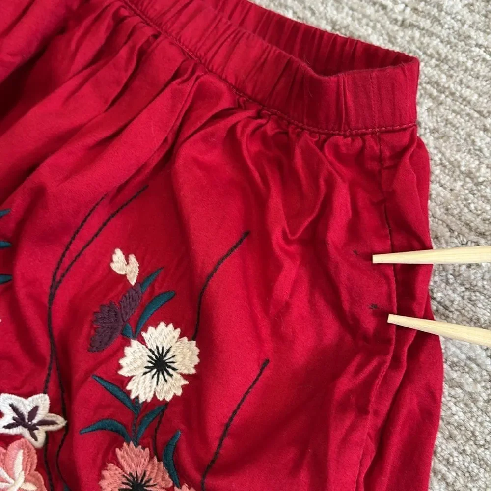 Tea Floral Embroidered Poofy Skirt Girls Size 8 Red A-Line Elastic Waist Mini
